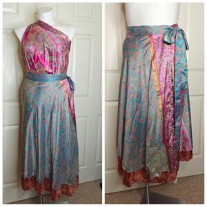 Darn Good Yarn paisley sari silk blend layered wrap skirt sz L
